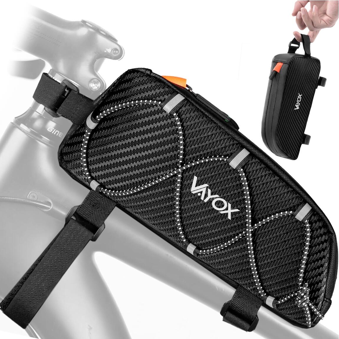 Fahrradtasche Vayox VA0347 1L schwarz montiert am Fahrradrahmen, kompakte Rahmentasche für Handy, Werkzeuge, Geldbörse.