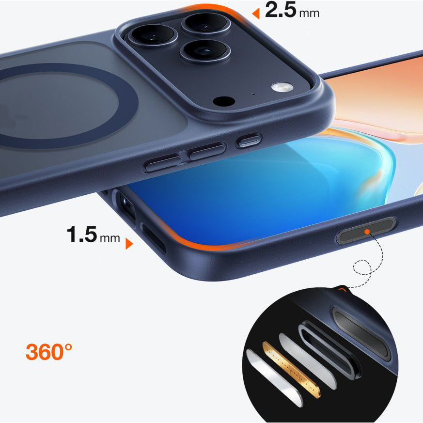 Handyhülle für iPhone 17 Pro, Torras Guardian-Mag mit MagSafe, Durchscheinend mit dunkelblauem  Rahmen