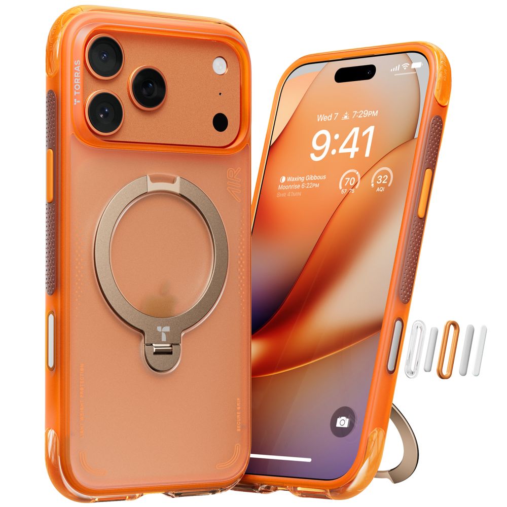Handyhülle mit 360° drehbarem Standfuß mit MagSafe für iPhone 17 Pro, Torras Ostand Q3 Air, Orange