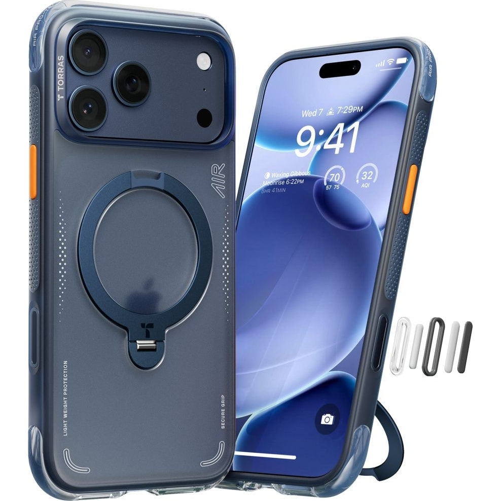 Handyhülle mit 360° drehbarem Standfuß mit MagSafe für iPhone 17 Pro Max, Torras Ostand Q3 Air, Blau