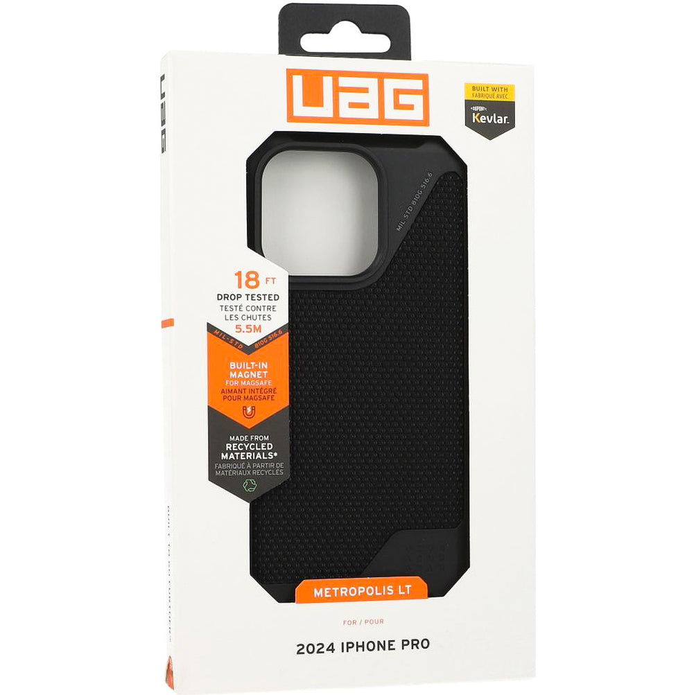 Handyhülle für iPhone 16 Pro, Urban Armor Gear Metropolis LT Mag mit MagSafe, Schwarz mit Kevlar