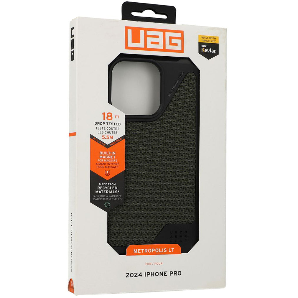 Handyhülle für iPhone 16 Pro, Urban Armor Gear Metropolis LT Mag mit MagSafe, Olivgrün/Schwarz mit Kevlar