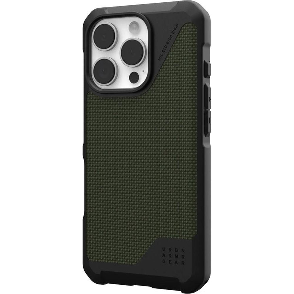 Handyhülle für iPhone 16 Pro, Urban Armor Gear Metropolis LT Mag mit MagSafe, Olivgrün/Schwarz mit Kevlar