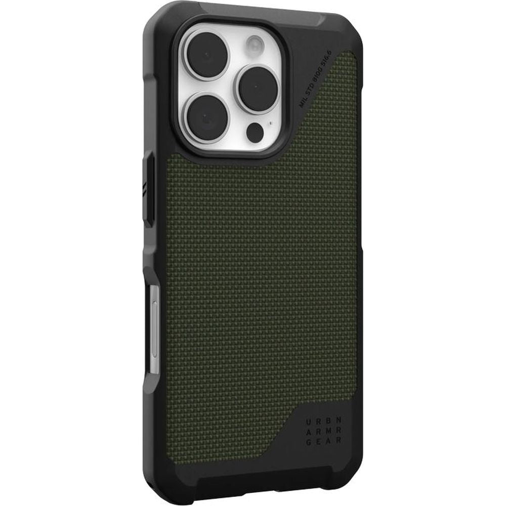 Handyhülle für iPhone 16 Pro, Urban Armor Gear Metropolis LT Mag mit MagSafe, Olivgrün/Schwarz mit Kevlar