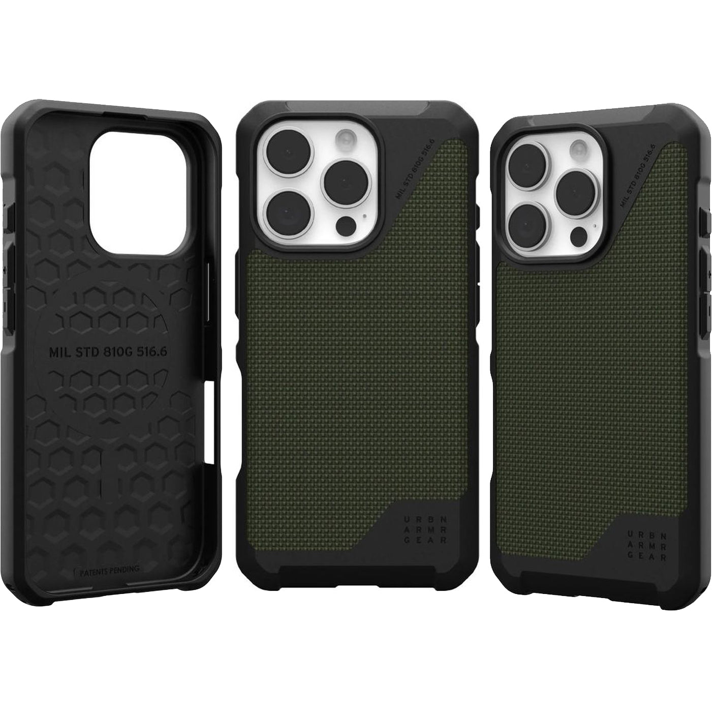 Handyhülle für iPhone 16 Pro, Urban Armor Gear Metropolis LT Mag mit MagSafe, Olivgrün/Schwarz mit Kevlar