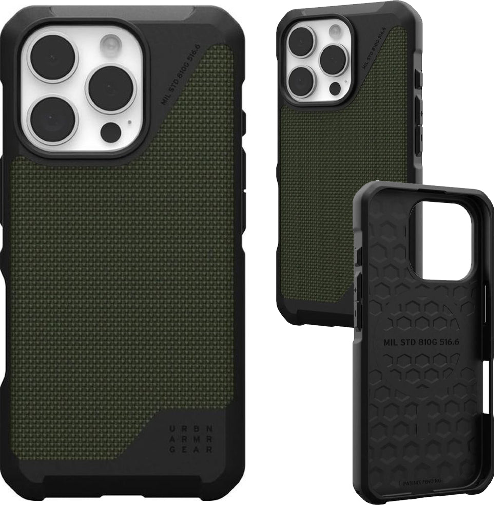 Handyhülle für iPhone 16 Pro, Urban Armor Gear Metropolis LT Mag mit MagSafe, Olivgrün/Schwarz mit Kevlar