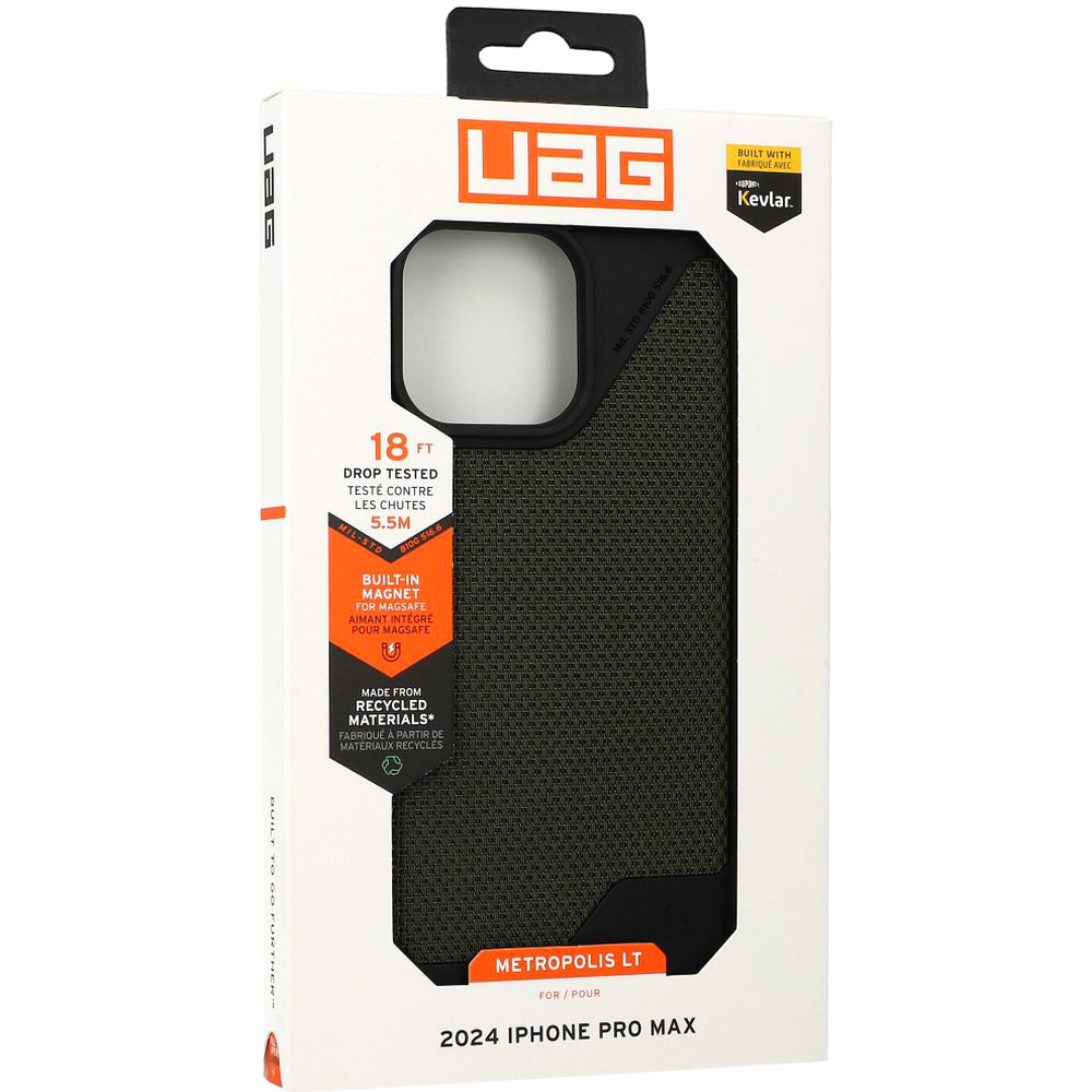 Handyhülle für iPhone 16 Pro Max, Urban Armor Gear Metropolis LT Mag mit MagSafe, Olivgrün/Schwarz mit Kevlar