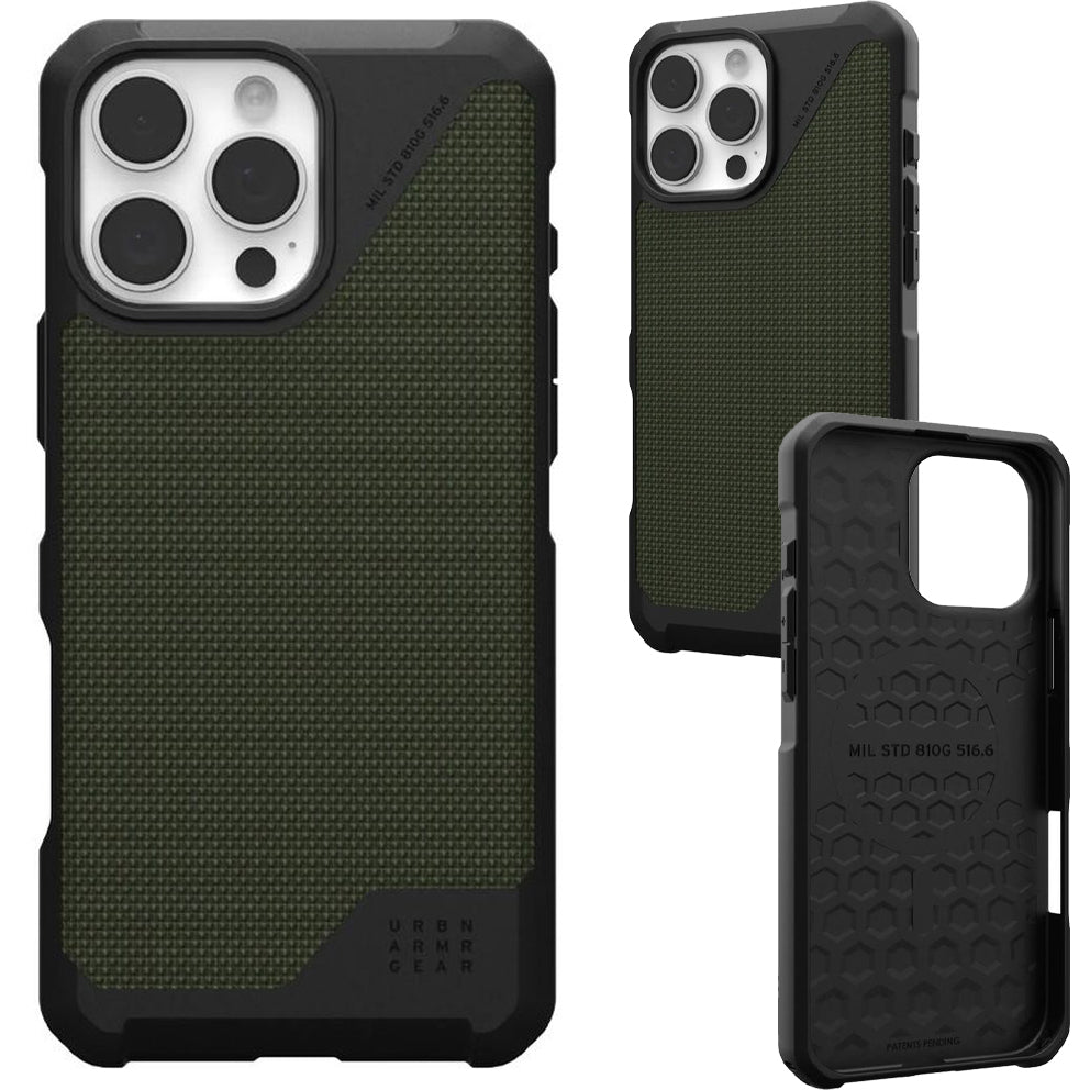 Handyhülle für iPhone 16 Pro Max, Urban Armor Gear Metropolis LT Mag mit MagSafe, Olivgrün/Schwarz mit Kevlar