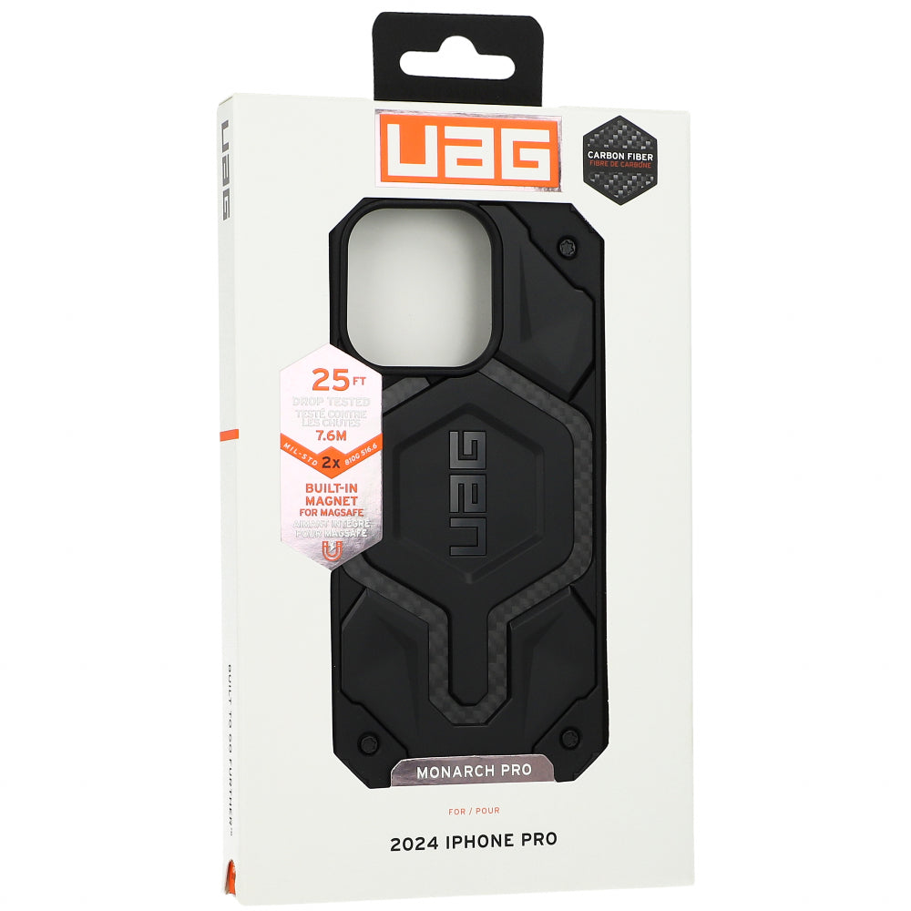 Handyhülle für iPhone 16 Pro, Urban Armor Gear Monarch Pro Mag mit MagSafe, Schwarz mit Kohlefaser