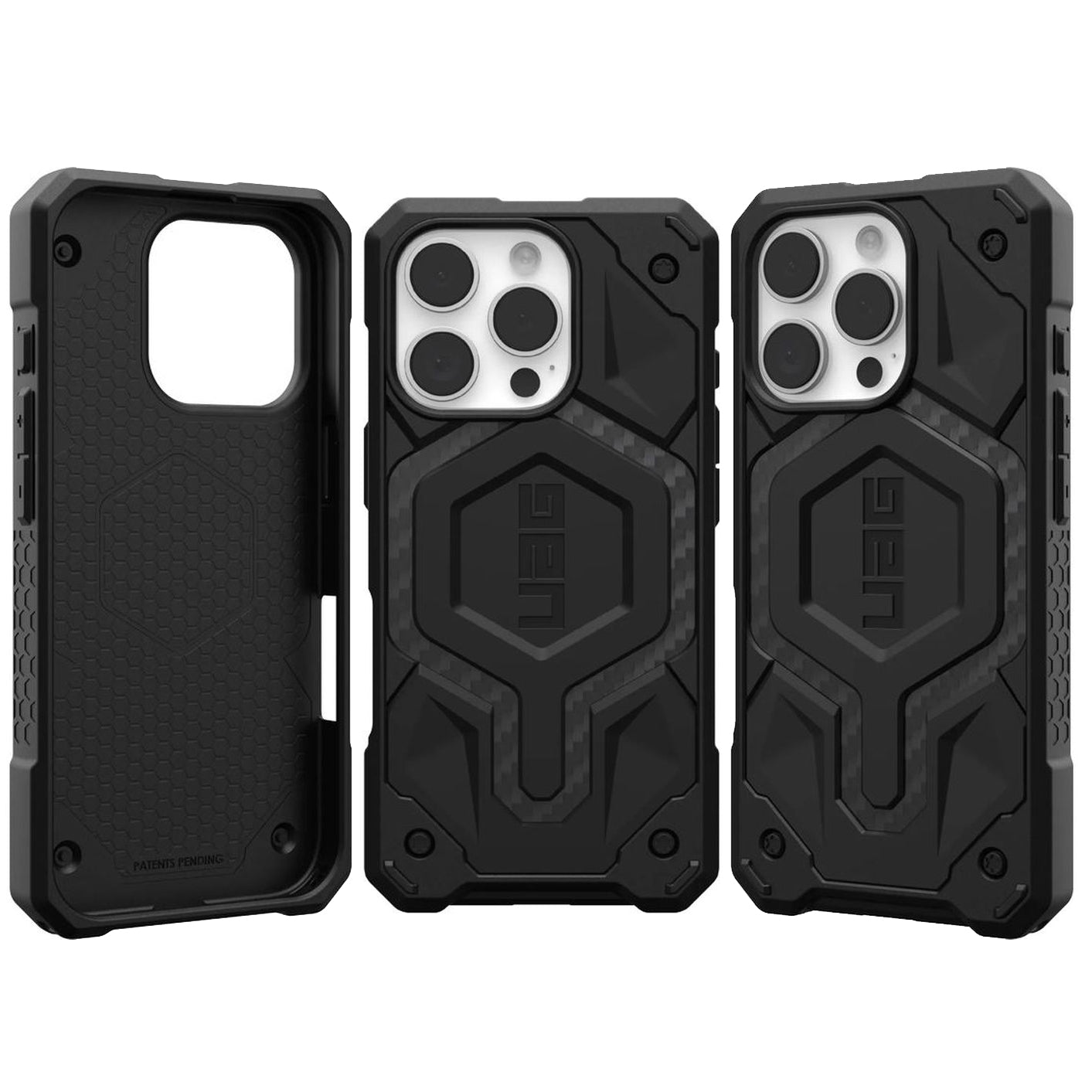 Handyhülle für iPhone 16 Pro, Urban Armor Gear Monarch Pro Mag mit MagSafe, Schwarz mit Kohlefaser