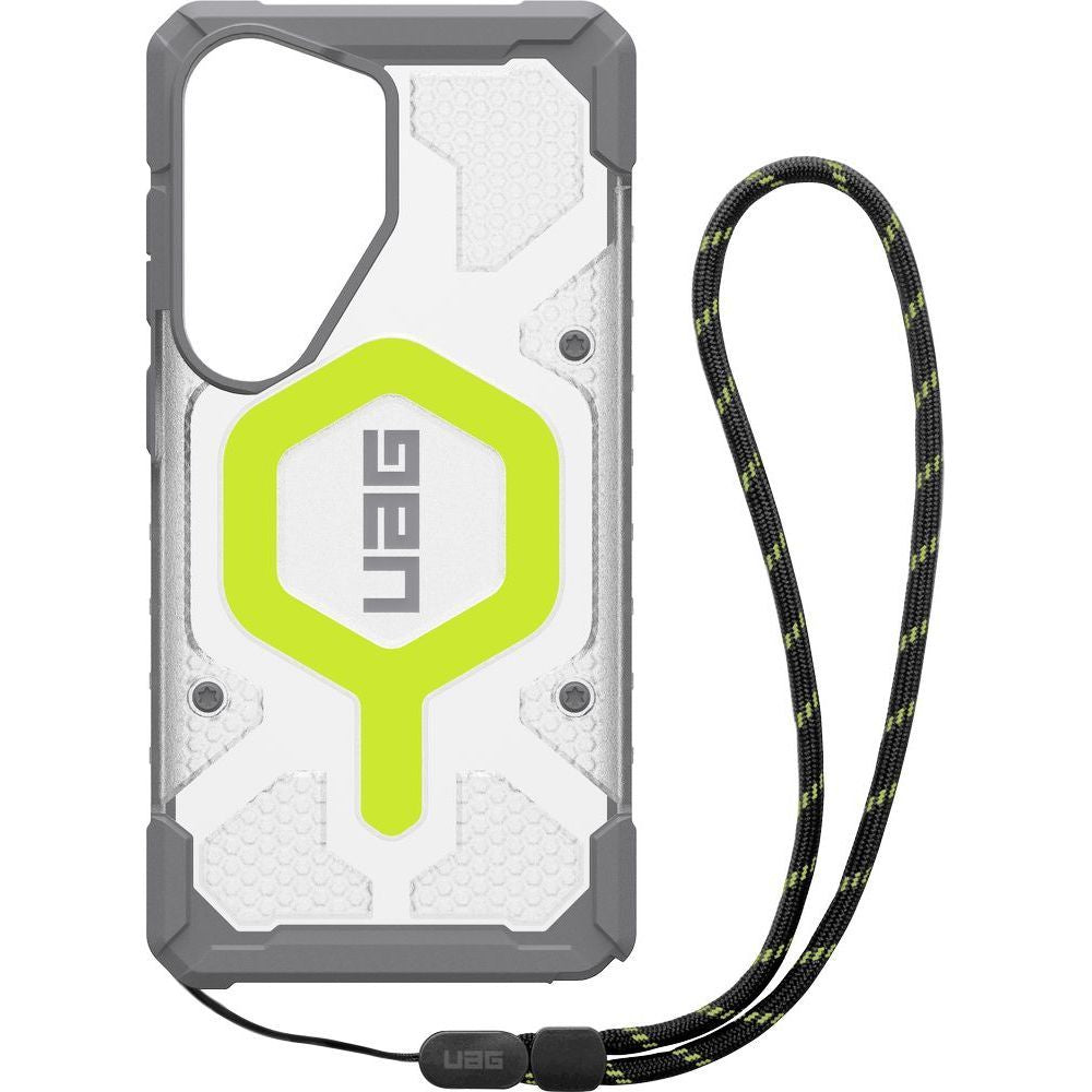 Handyhülle mit Armband für Galaxy S26 Ultra, Urban Armor Gear Pathfinder Clear Mag Bundle mit MagSafe, Transparent und Grau mit grünem Element