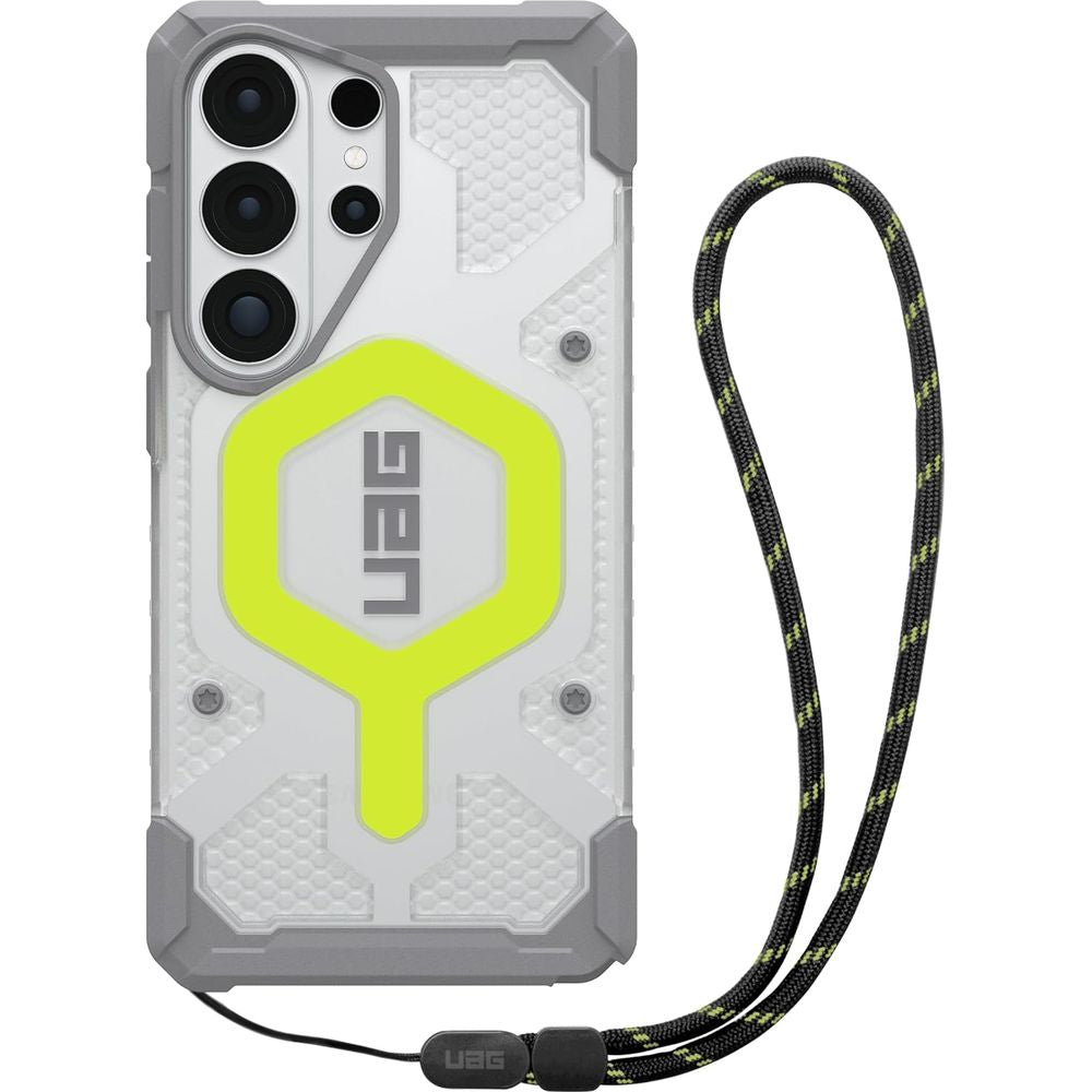 Handyhülle mit Armband für Galaxy S26 Ultra, Urban Armor Gear Pathfinder Clear Mag Bundle mit MagSafe, Transparent und Grau mit grünem Element