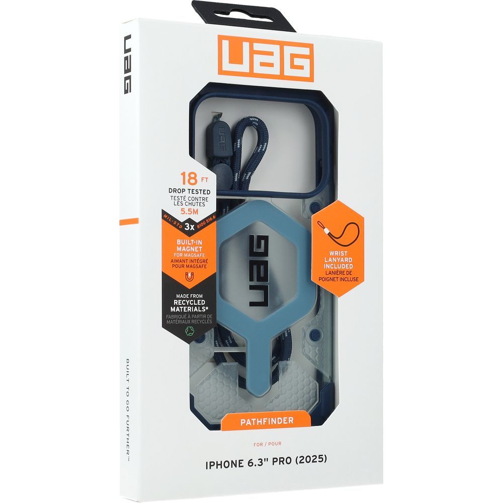 Handyhülle mit Armband für iPhone 17 Pro, Urban Armor Gear Pathfinder Clear Mag Lanyard mit MagSafe, Durchscheinend-Blau