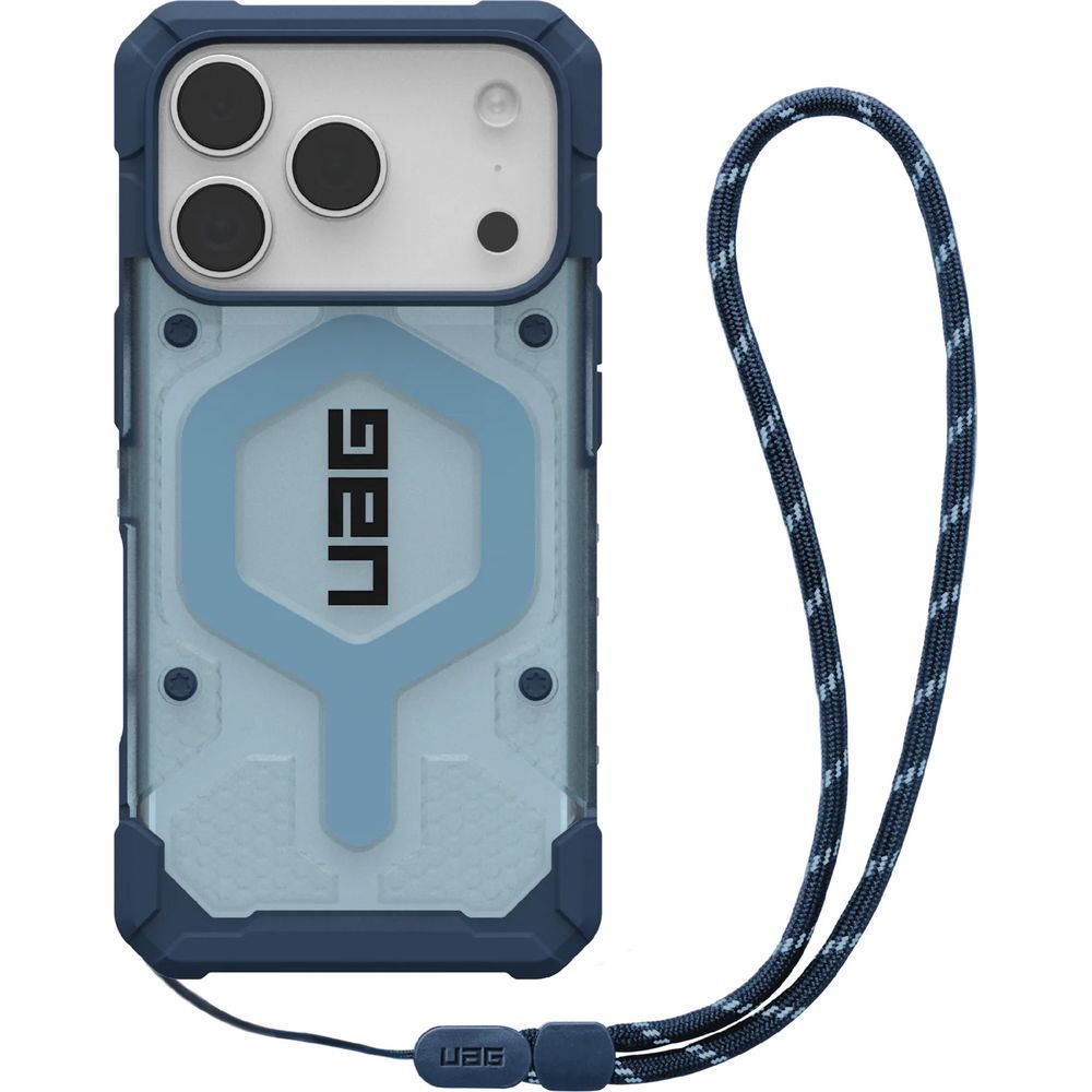 Handyhülle mit Armband für iPhone 17 Pro, Urban Armor Gear Pathfinder Clear Mag Lanyard mit MagSafe, Durchscheinend-Blau