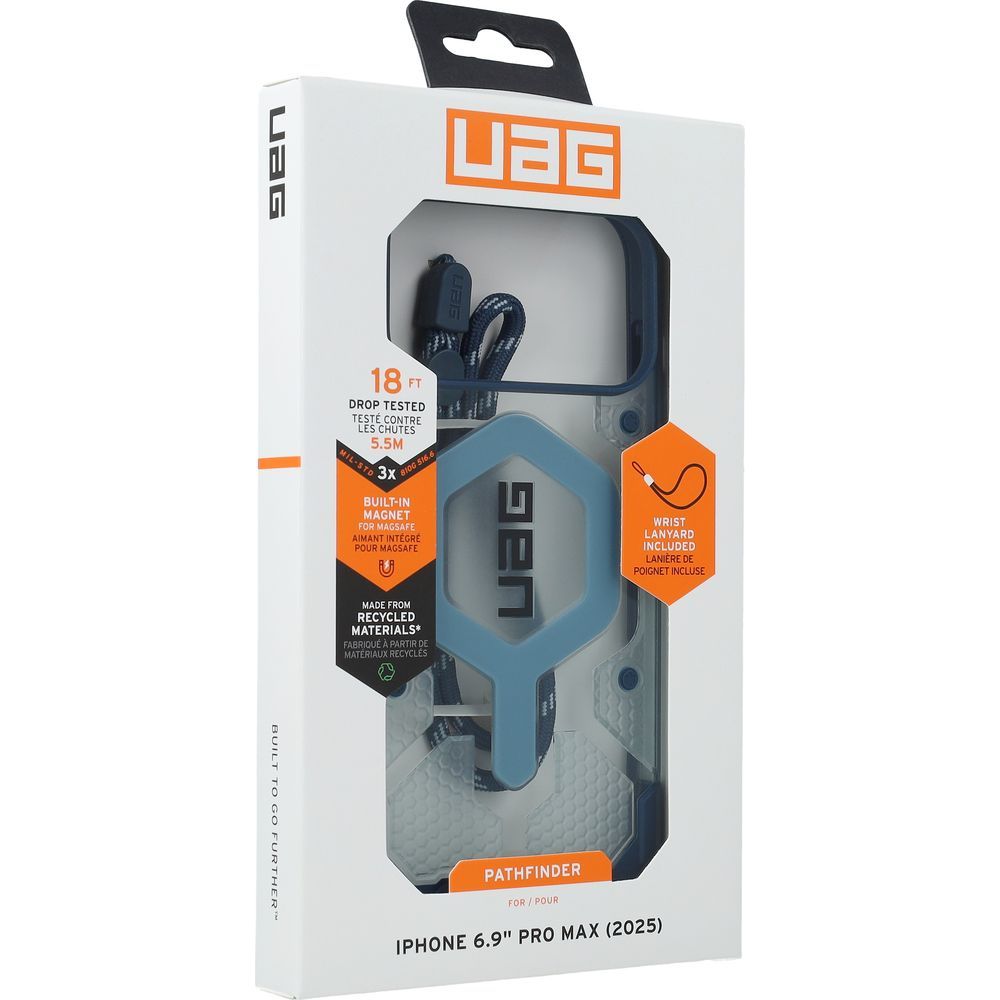 Handyhülle mit Armband für iPhone 17 Pro Max, Urban Armor Gear Pathfinder Clear Mag Lanyard mit MagSafe, Durchscheinend-Blau