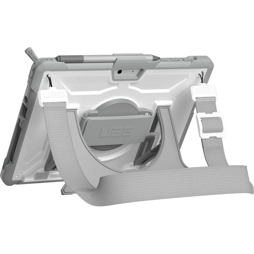 Rückansicht der Urban Armor Gear UAG Plasma Hülle für Microsoft Surface Go 3 in Grau/Weiß mit Riemen, robustem Design und Stiftplatz.