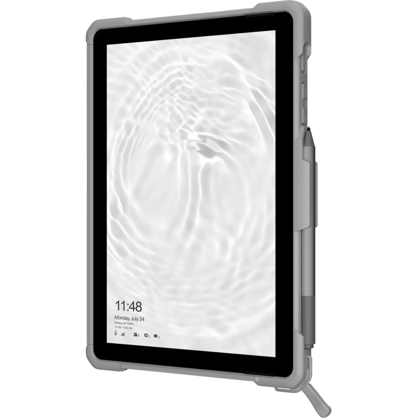 Robuste UAG Plasma Handyhülle für Microsoft Surface Go 3 in Grau/Weiß, mit integriertem Stifthalter für sicheren Schutz unterwegs.