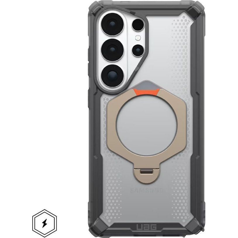Handyhülle für Galaxy S26 Ultra, Urban Armor Gear Plasma XTE 360 Mag mit MagSafe, Transparent und Grau mit orangem Element