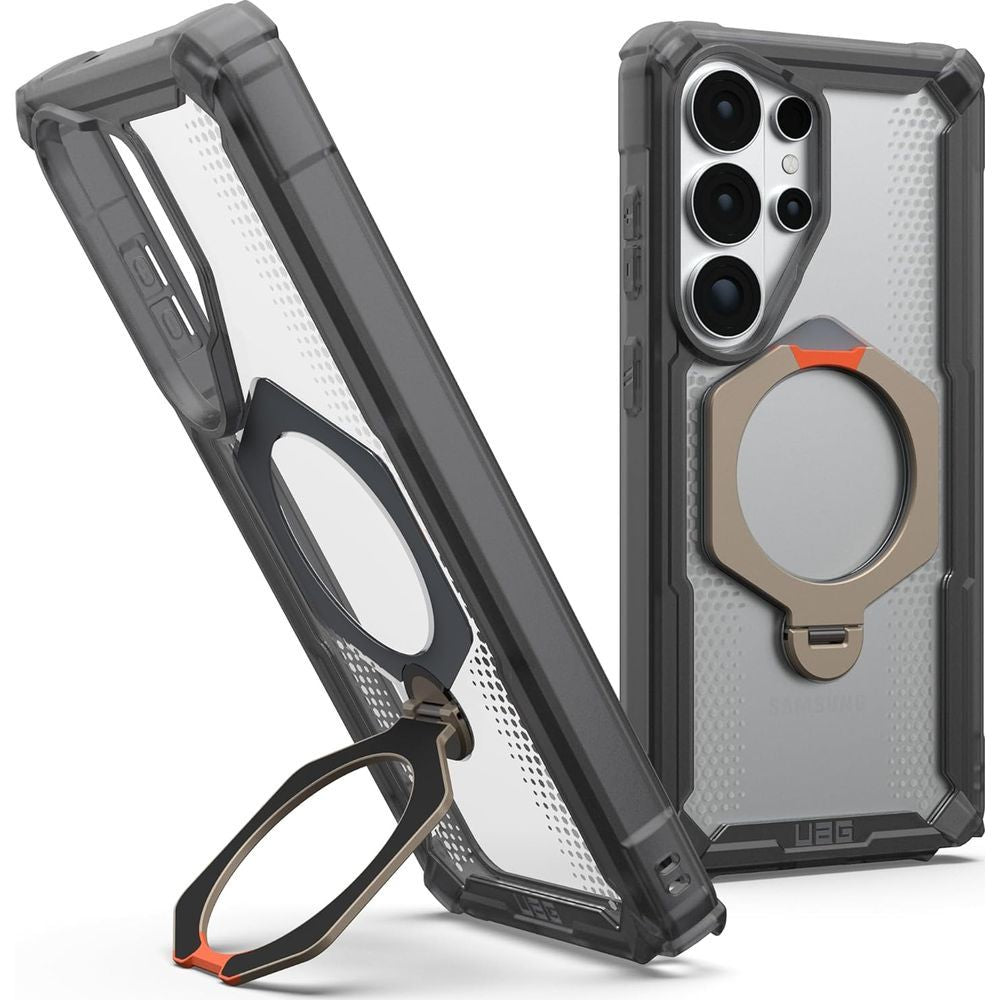 Handyhülle für Galaxy S26 Ultra, Urban Armor Gear Plasma XTE 360 Mag mit MagSafe, Transparent und Grau mit orangem Element