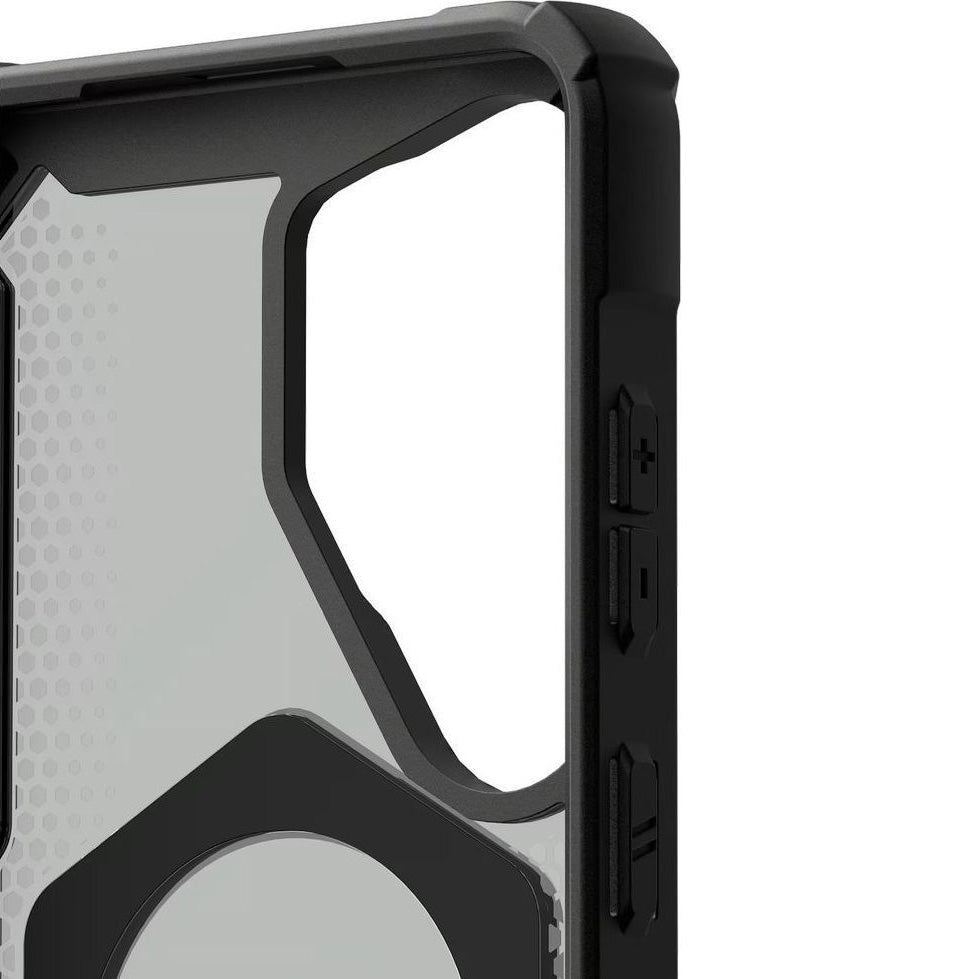 Handyhülle für Galaxy S26 Ultra, Urban Armor Gear Plasma XTE 360 Mag mit MagSafe, Durchscheinend und Schwarz mit gelbem Element
