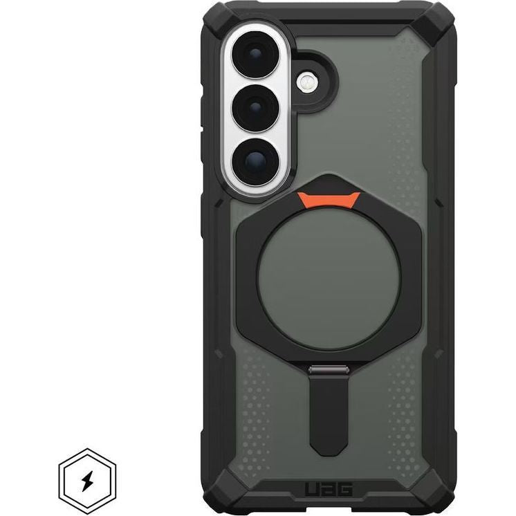 Handyhülle für Galaxy S26, Urban Armor Gear Plasma XTE Mag mit MagSafe, Durchscheinend und schwarz mit orangem Element