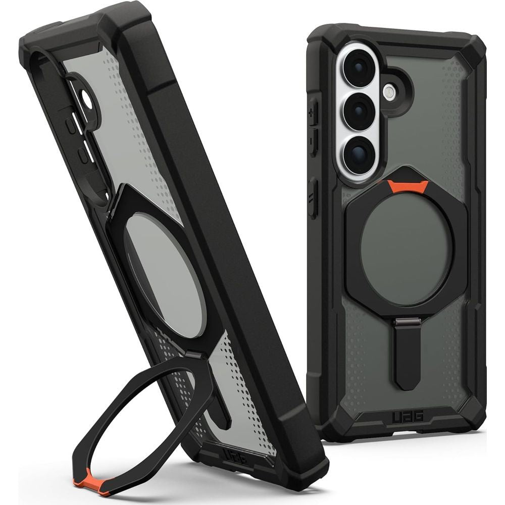 Handyhülle für Galaxy S26, Urban Armor Gear Plasma XTE Mag mit MagSafe, Durchscheinend und schwarz mit orangem Element
