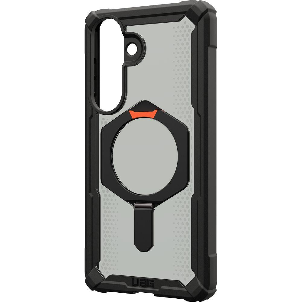 Handyhülle für Galaxy S26 Plus, Urban Armor Gear Plasma XTE Mag mit MagSafe, Durchscheinend und schwarz mit orangem Element