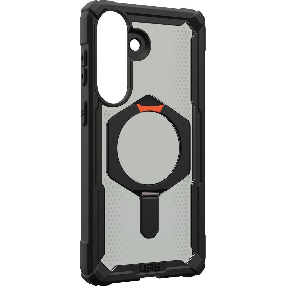 Handyhülle für Galaxy S26 Plus, Urban Armor Gear Plasma XTE Mag mit MagSafe, Durchscheinend und schwarz mit orangem Element