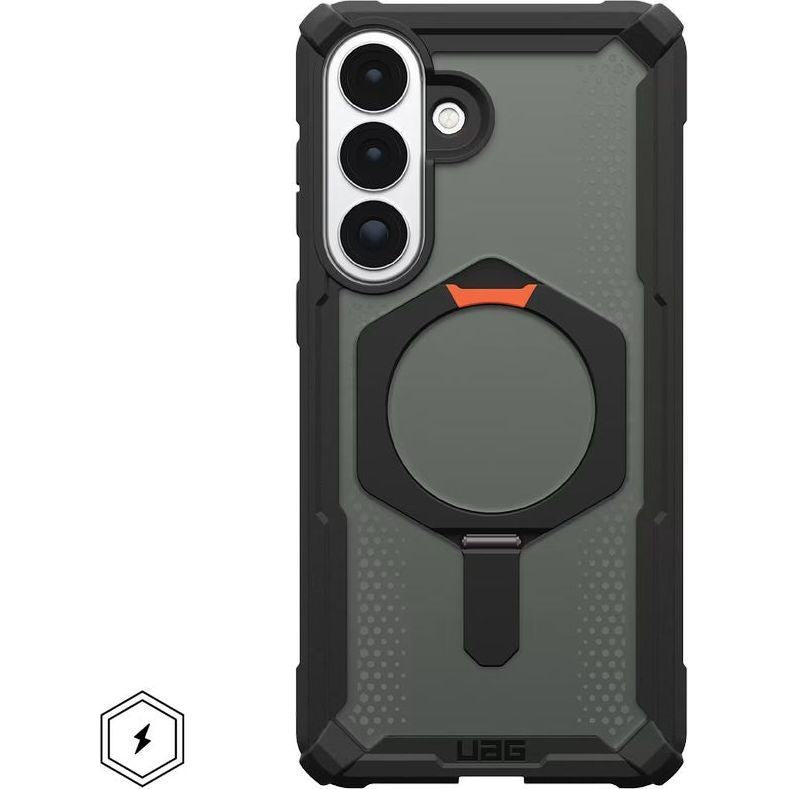 Handyhülle für Galaxy S26 Plus, Urban Armor Gear Plasma XTE Mag mit MagSafe, Durchscheinend und schwarz mit orangem Element