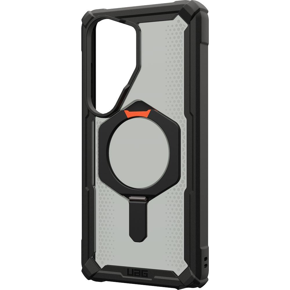 Handyhülle für Galaxy S26 Ultra, Urban Armor Gear Plasma XTE Mag mit MagSafe, Durchscheinend und schwarz mit orangem Element