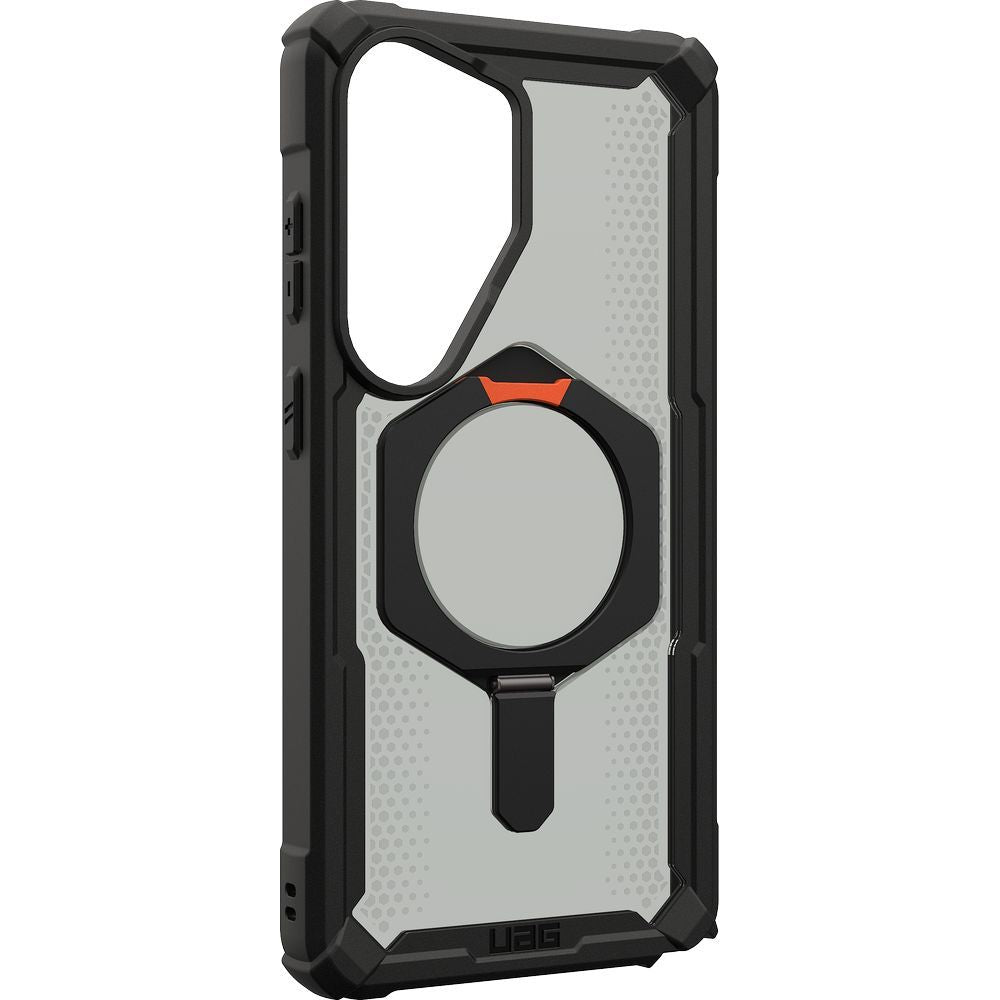 Handyhülle für Galaxy S26 Ultra, Urban Armor Gear Plasma XTE Mag mit MagSafe, Durchscheinend und schwarz mit orangem Element
