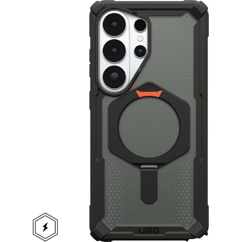 Handyhülle für Galaxy S26 Ultra, Urban Armor Gear Plasma XTE Mag mit MagSafe, Durchscheinend und schwarz mit orangem Element