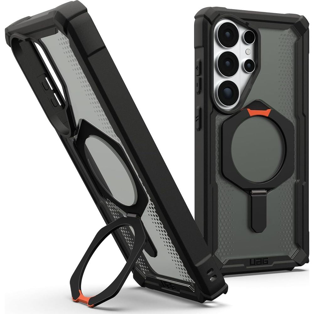 Handyhülle für Galaxy S26 Ultra, Urban Armor Gear Plasma XTE Mag mit MagSafe, Durchscheinend und schwarz mit orangem Element