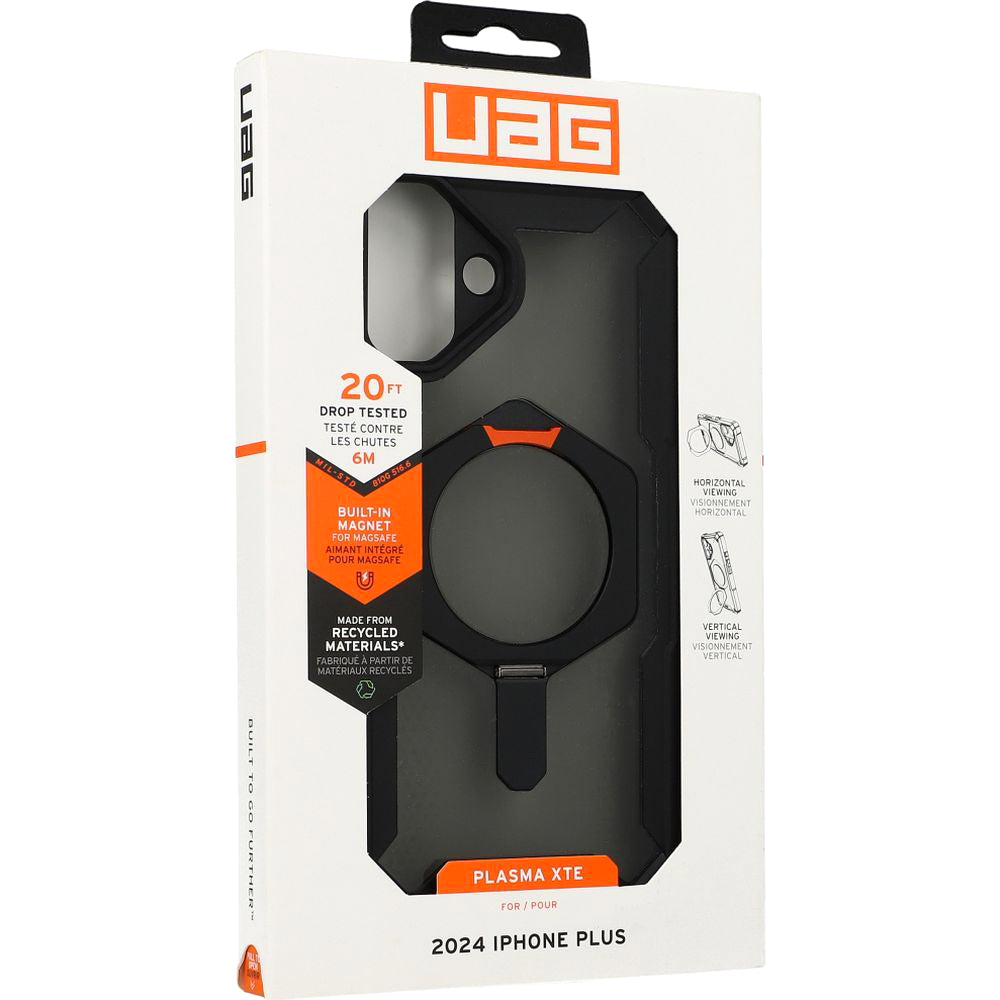 Handyhülle für iPhone 16 Plus, Urban Armor Gear Plasma XTE Mag mit MagSafe, Durchscheinend und schwarz mit orangem Element
