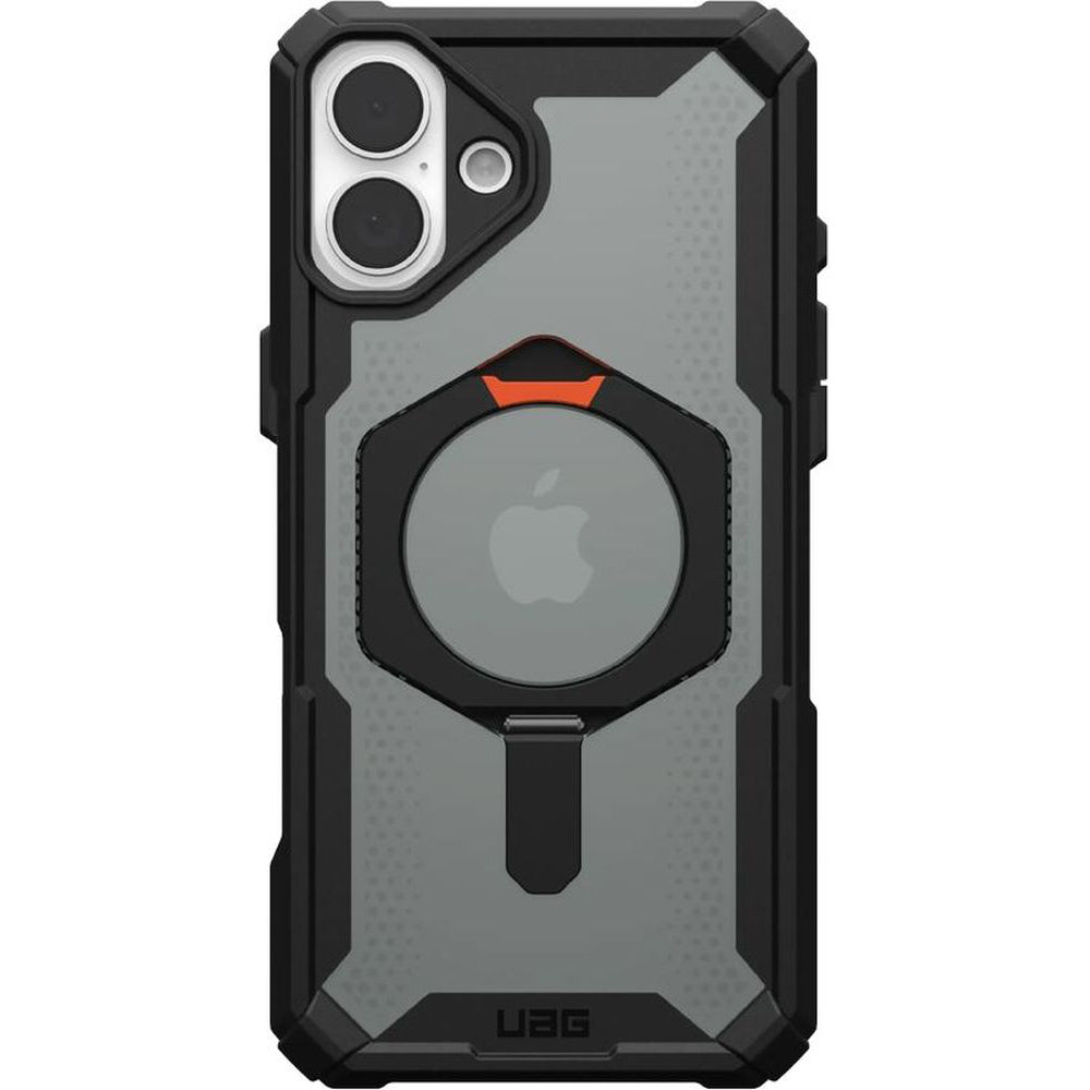 Handyhülle für iPhone 16 Plus, Urban Armor Gear Plasma XTE Mag mit MagSafe, Durchscheinend und schwarz mit orangem Element