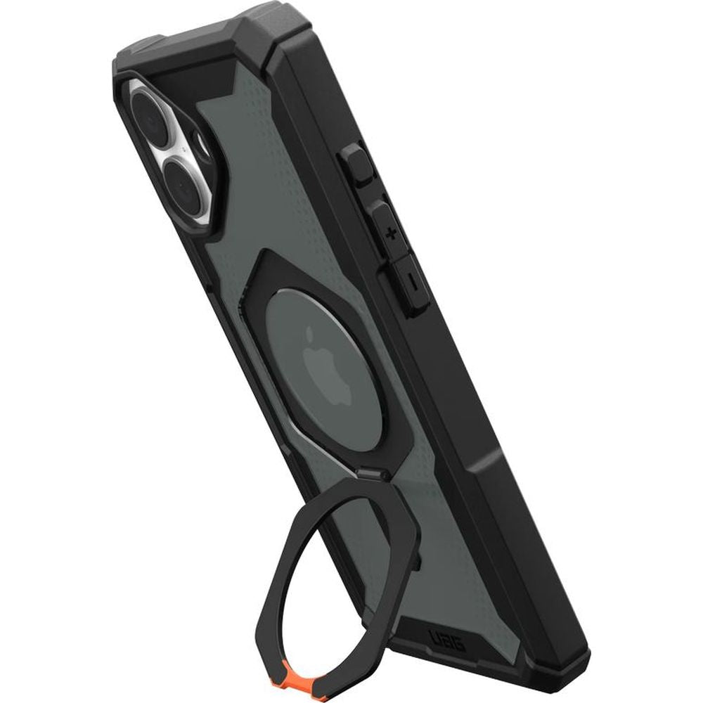 Handyhülle für iPhone 16 Plus, Urban Armor Gear Plasma XTE Mag mit MagSafe, Durchscheinend und schwarz mit orangem Element