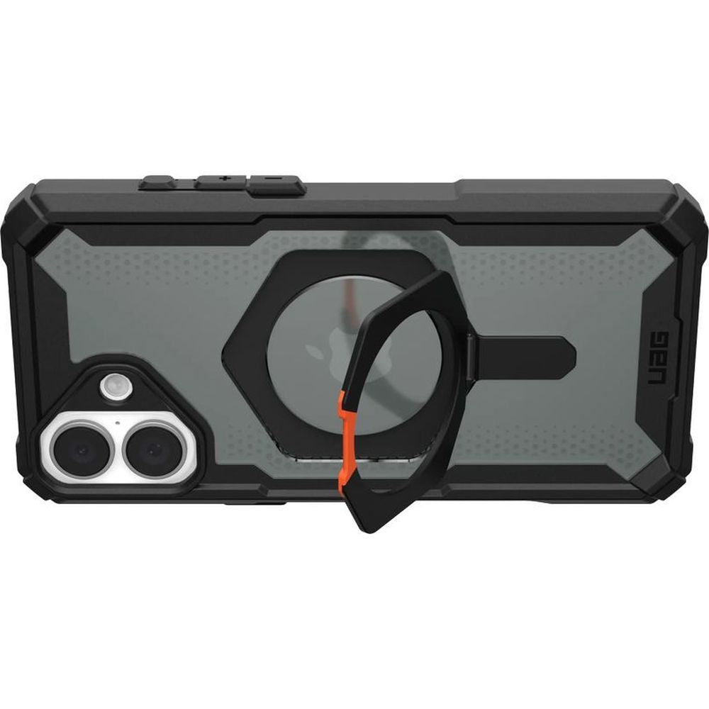 Handyhülle für iPhone 16 Plus, Urban Armor Gear Plasma XTE Mag mit MagSafe, Durchscheinend und schwarz mit orangem Element