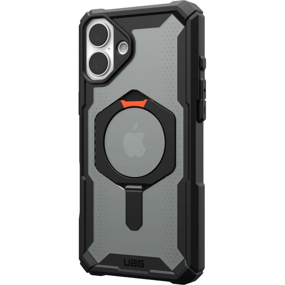 Handyhülle für iPhone 16 Plus, Urban Armor Gear Plasma XTE Mag mit MagSafe, Durchscheinend und schwarz mit orangem Element