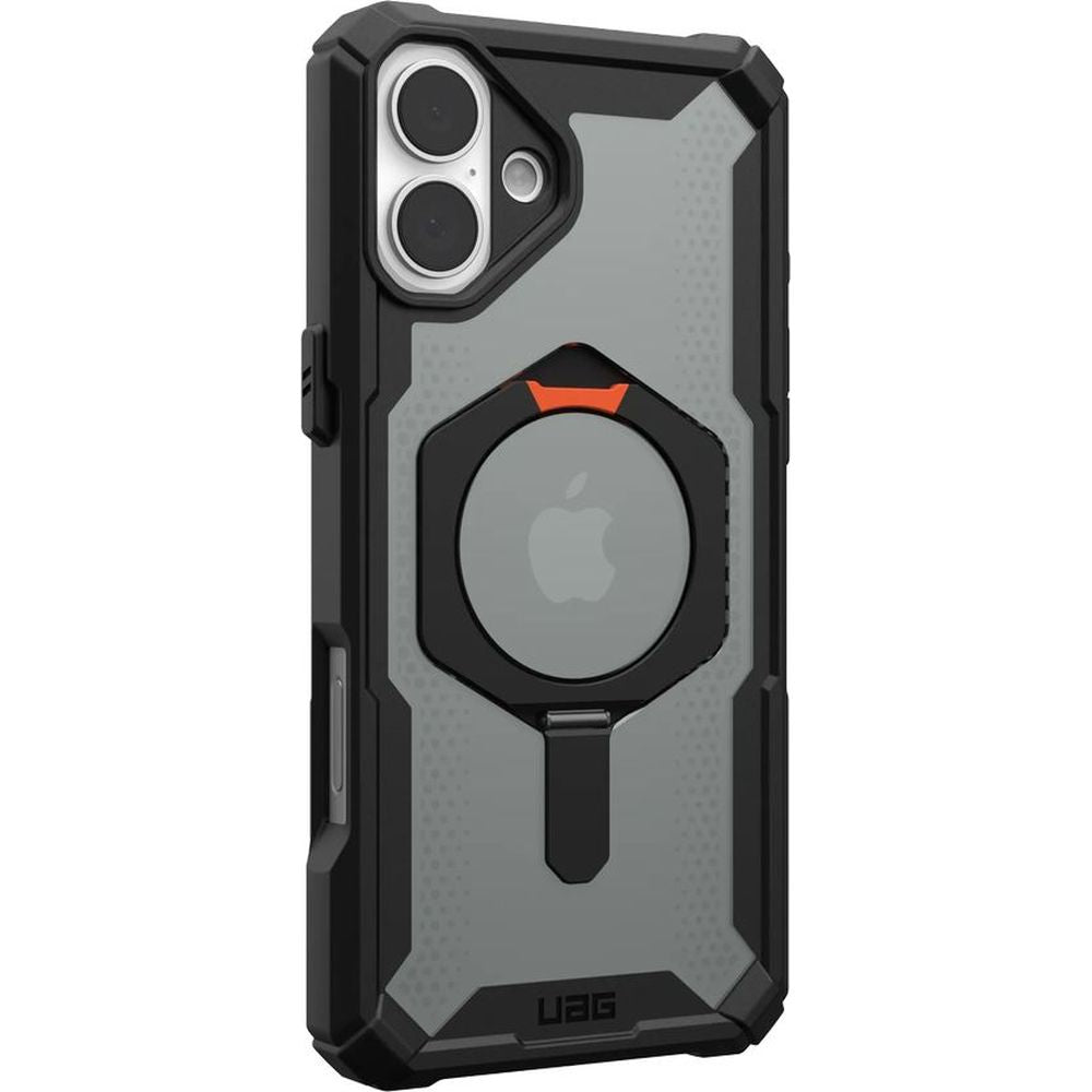 Handyhülle für iPhone 16 Plus, Urban Armor Gear Plasma XTE Mag mit MagSafe, Durchscheinend und schwarz mit orangem Element