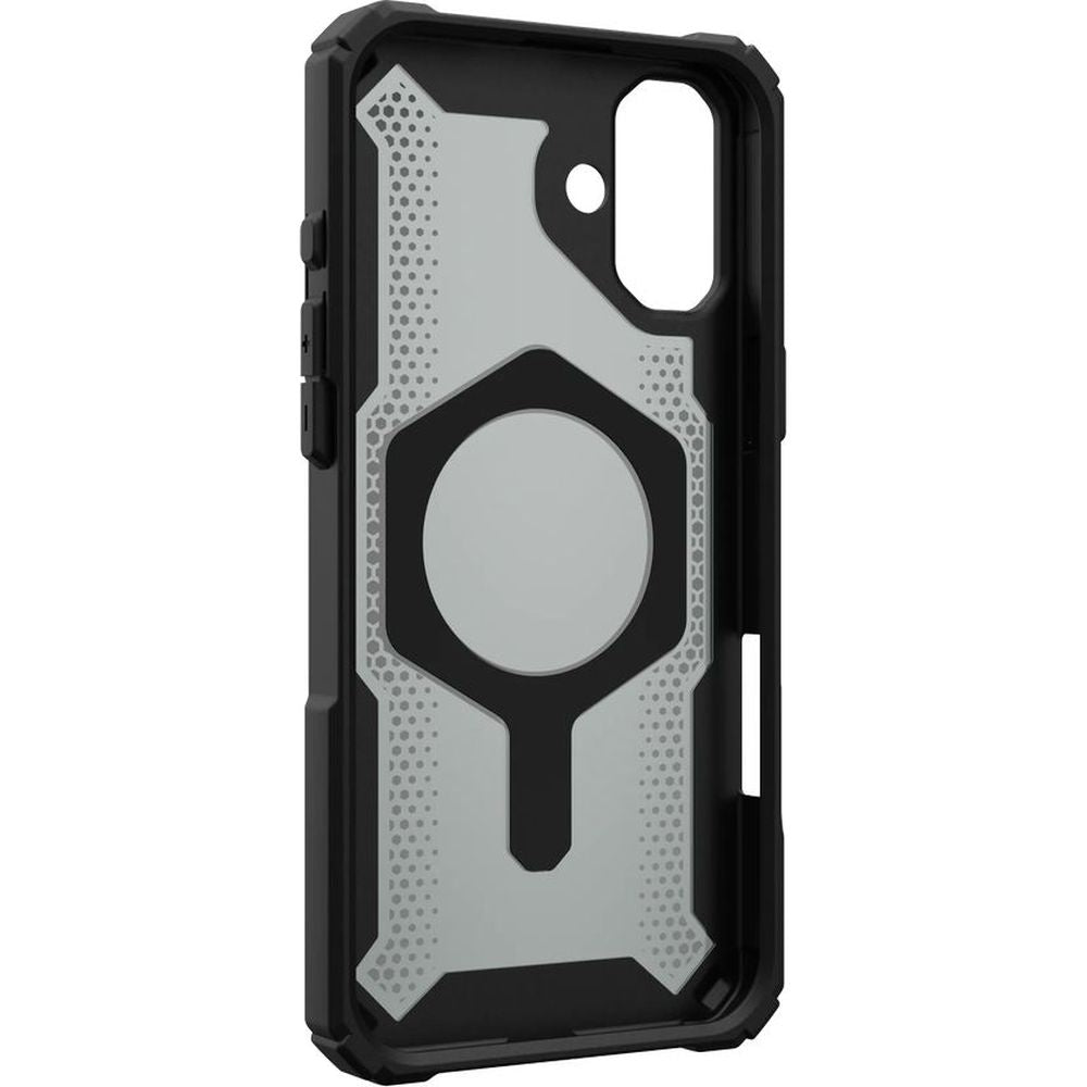 Handyhülle für iPhone 16 Plus, Urban Armor Gear Plasma XTE Mag mit MagSafe, Durchscheinend und schwarz mit orangem Element