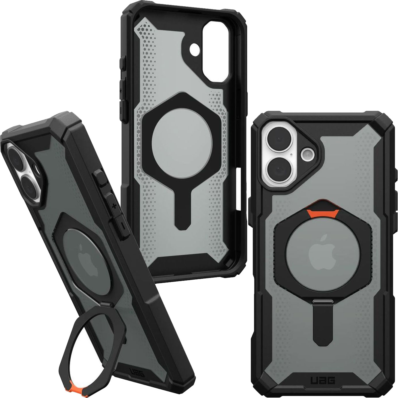 Handyhülle für iPhone 16 Plus, Urban Armor Gear Plasma XTE Mag mit MagSafe, Durchscheinend und schwarz mit orangem Element