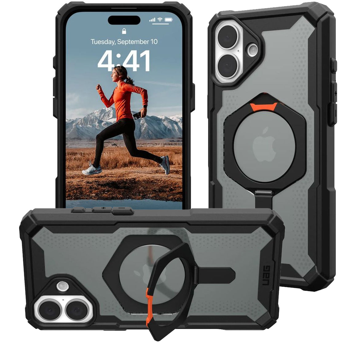 Handyhülle für iPhone 16 Plus, Urban Armor Gear Plasma XTE Mag mit MagSafe, Durchscheinend und schwarz mit orangem Element