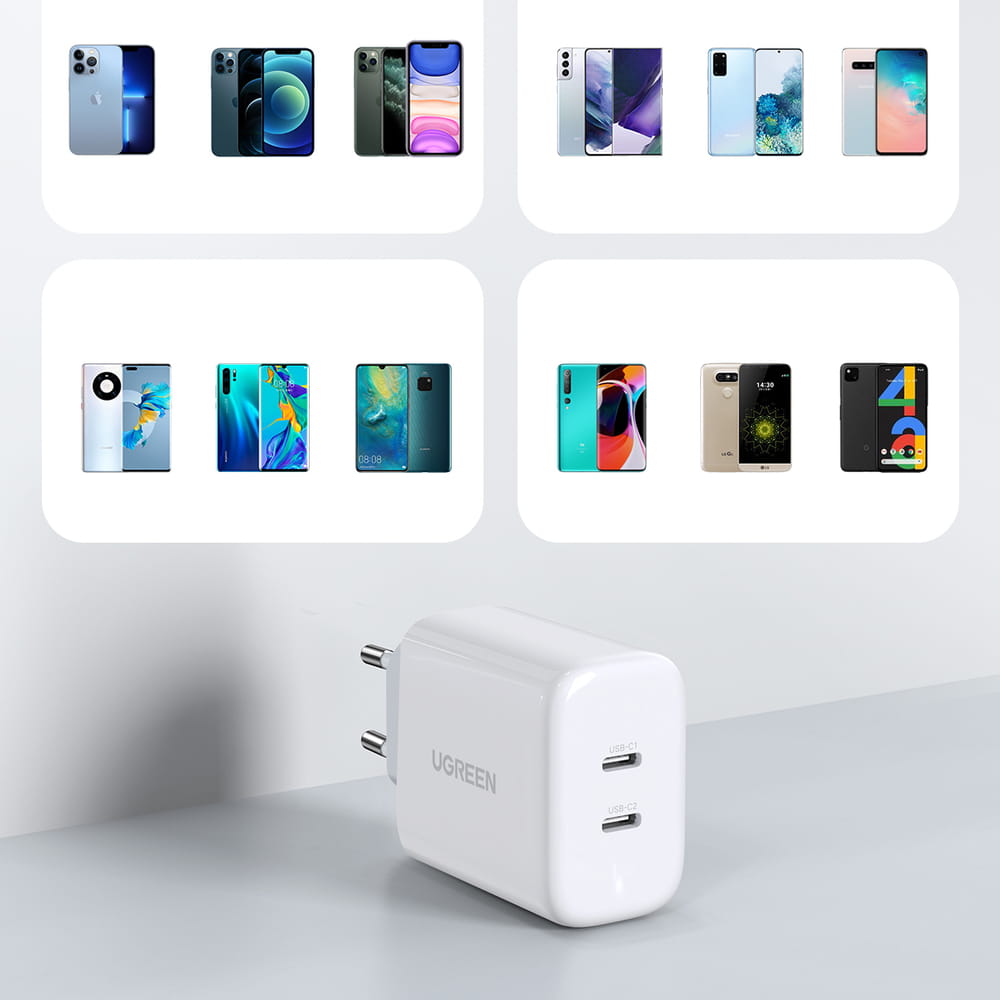 Schnell-Ladegerät 2x USB-C, Ugreen Smart Charger, PD, 40W, Weiß