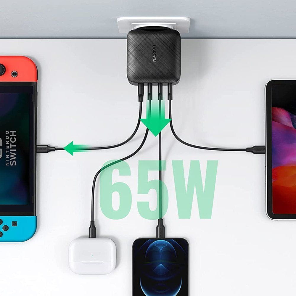 Schnell-Ladegerät 3x USB-C, 1x USB-A, Ugreen GaN CD224, QC, PD, 65W, Schwarz