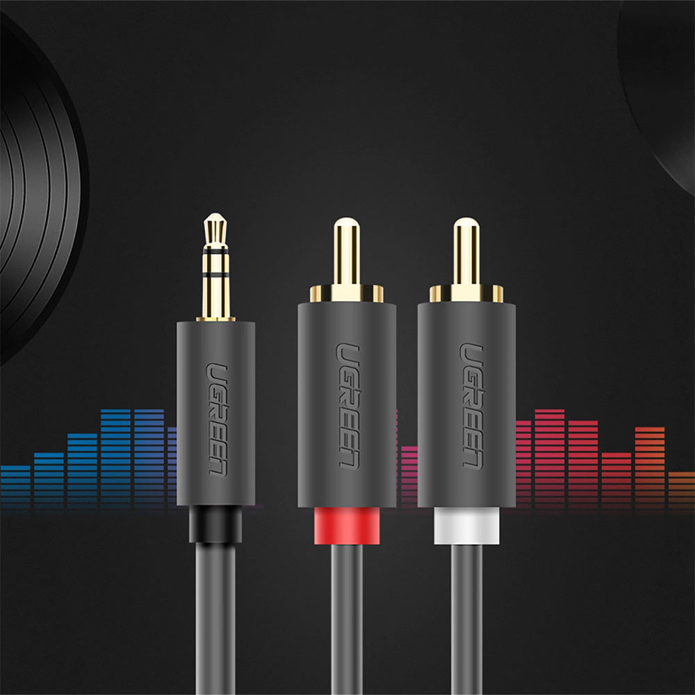 Audiokabel 3,5mm Mini jack (männlicher Typ) zu 2x RCA (Cinch), 2m, Ugreen AV102, Dunkelgrau
