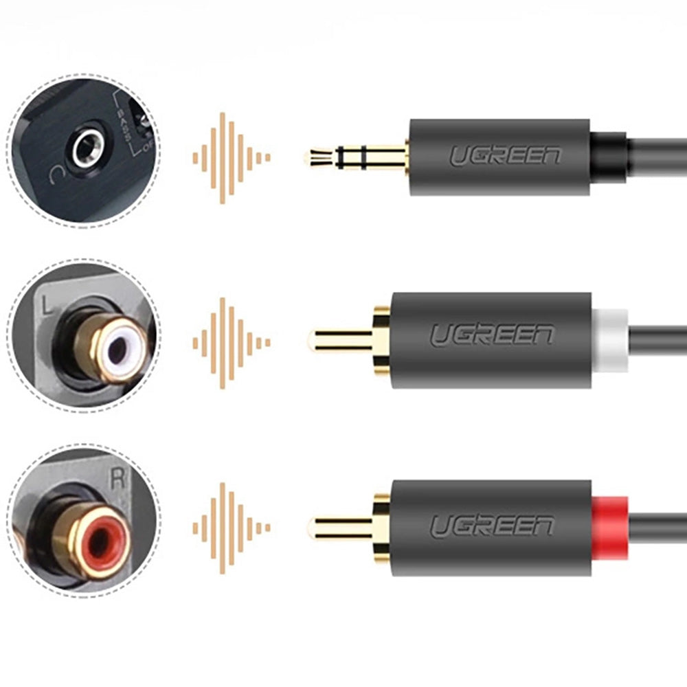 Audiokabel 3,5mm Mini jack (männlicher Typ) zu 2x RCA (Cinch), 3m, Ugreen AV102, Dunkelgrau