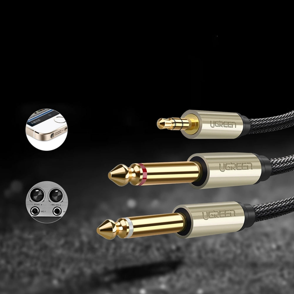 Audiokabel Mini-Jack 3.5mm auf 2x Jack 6.35mm, Ugreen AV126, 2m, Schwarz