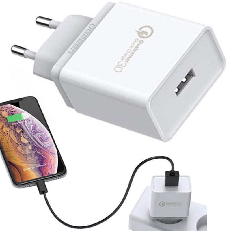 Schnell-Ladegerät, 1x USB-A, Fast Charger QC 3.0, 18W, 3A, Ugreen, Weiß