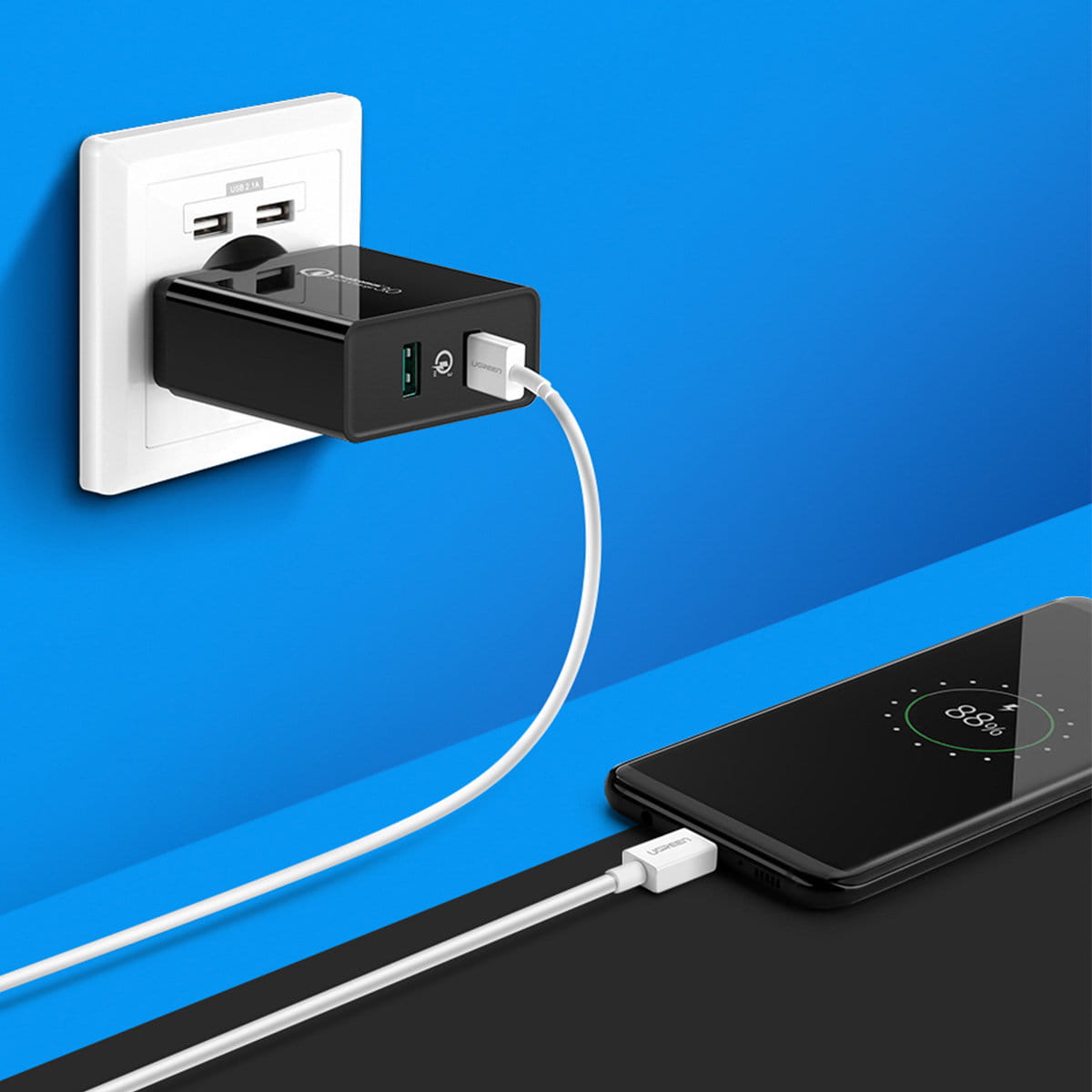 Schnell-Ladegerät 2x USB-A, Ugreen, QC, 36W, Schwarz