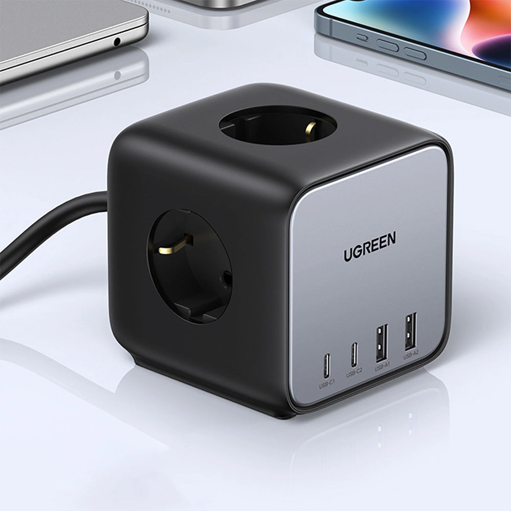Steckdosenleiste/Verlängerungskabel USB 65W / AC 3680W, 2x USB-A, 2x USB Typ C, 3x Schuko (F), Ugreen CD268, Schwarz